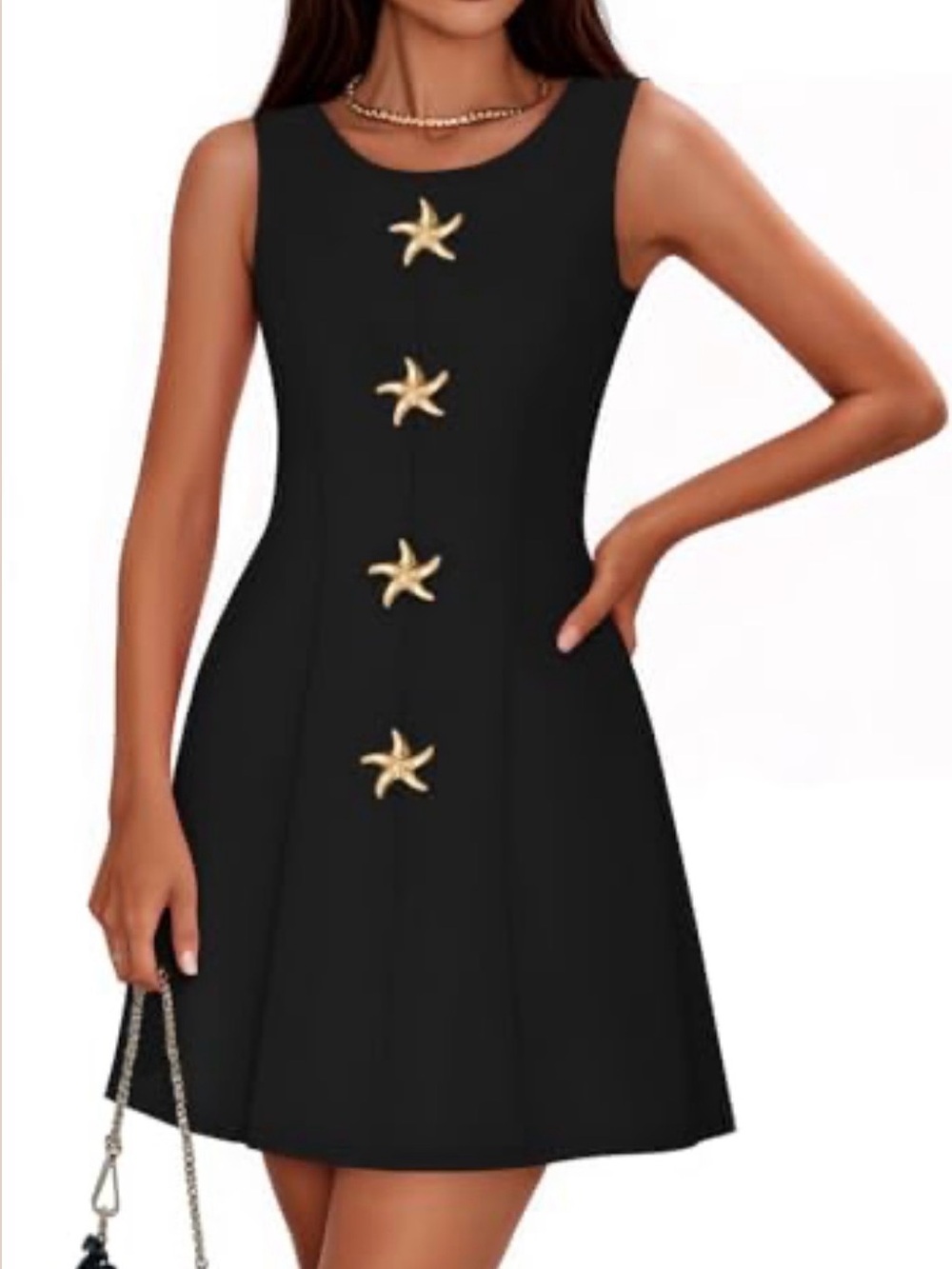 Zesica Sleeveless Black Midi Dress with Gold Starfish Accents